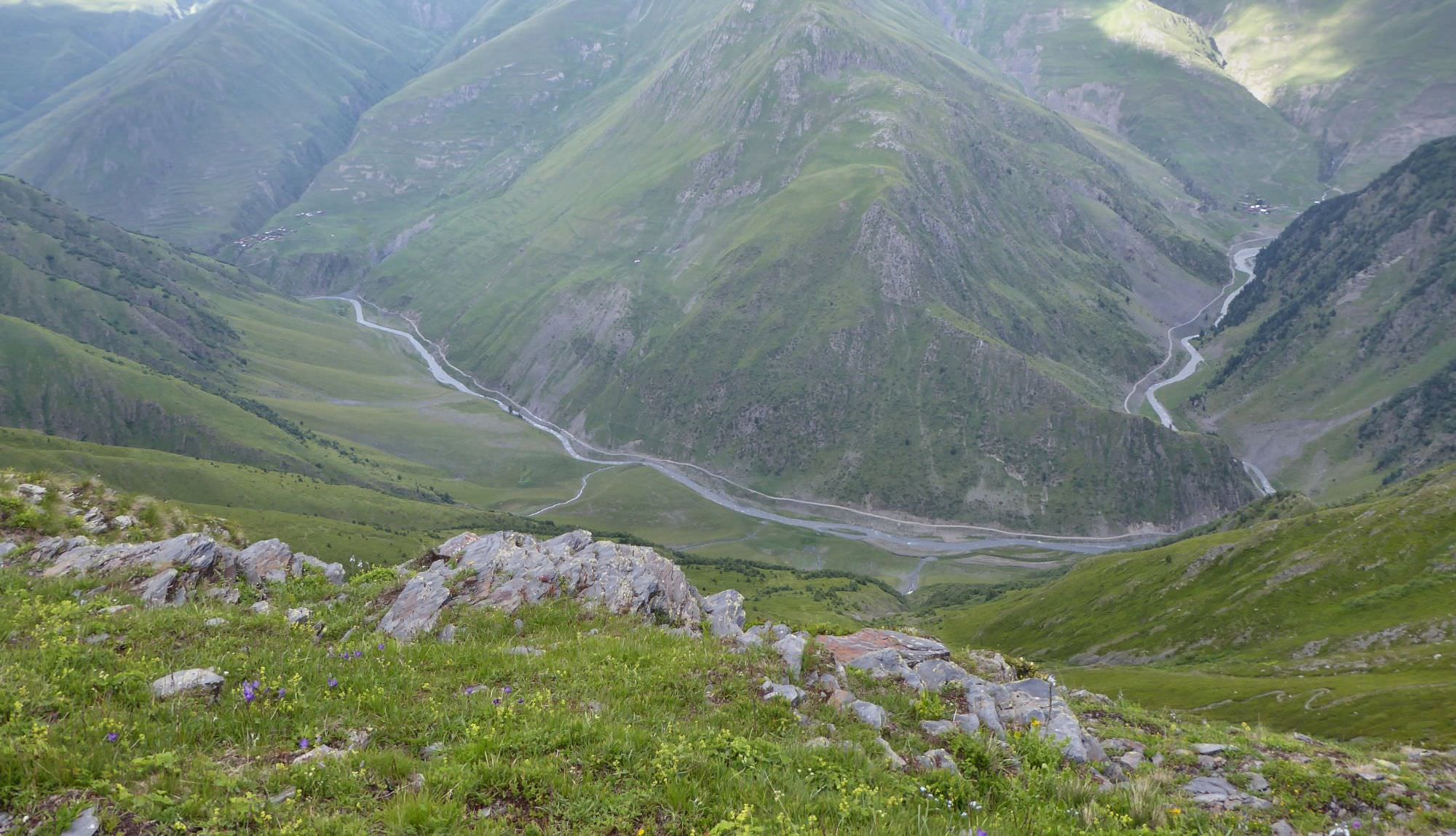 Aerial view from the pass - descent trail on the right, Parsma village on the left