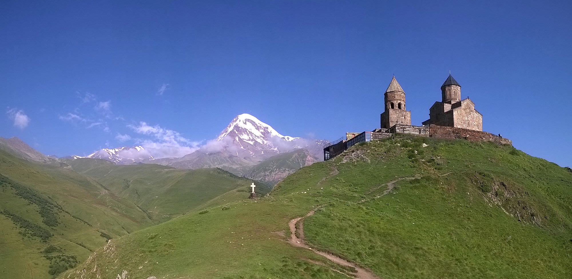Mt. Kazbek from Tsminda Sameba church